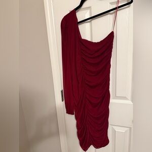 Chelsea 28 Nordstrom wine red mesh one sleeve ruched mini dress